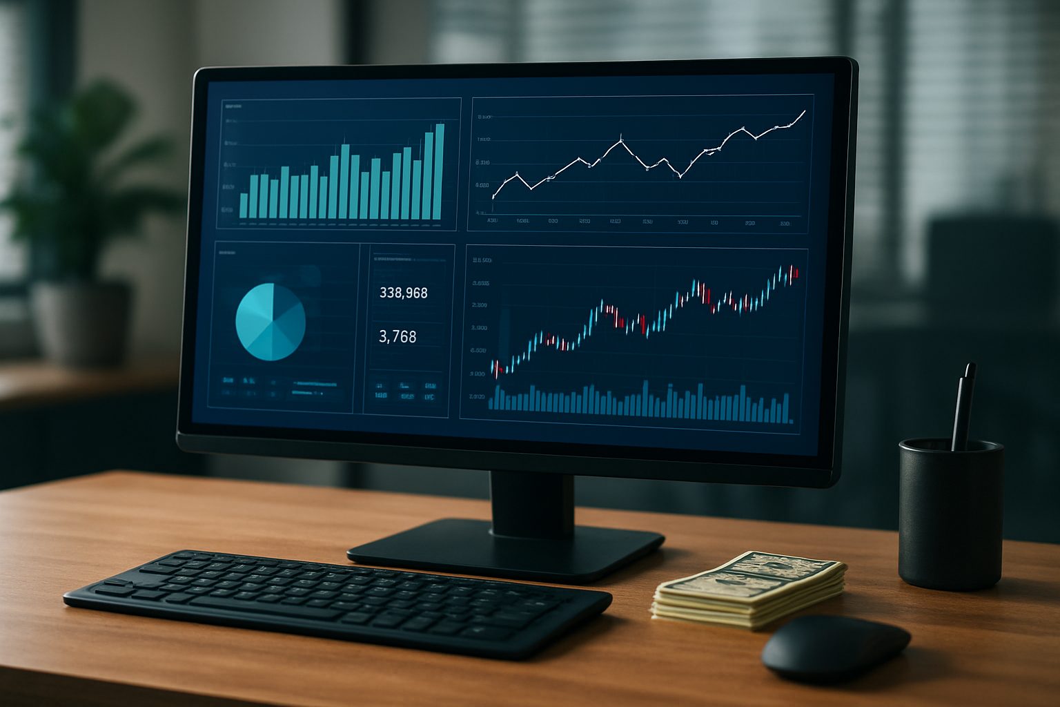 A computer monitor displaying various finance charts and analytics on a wooden desk