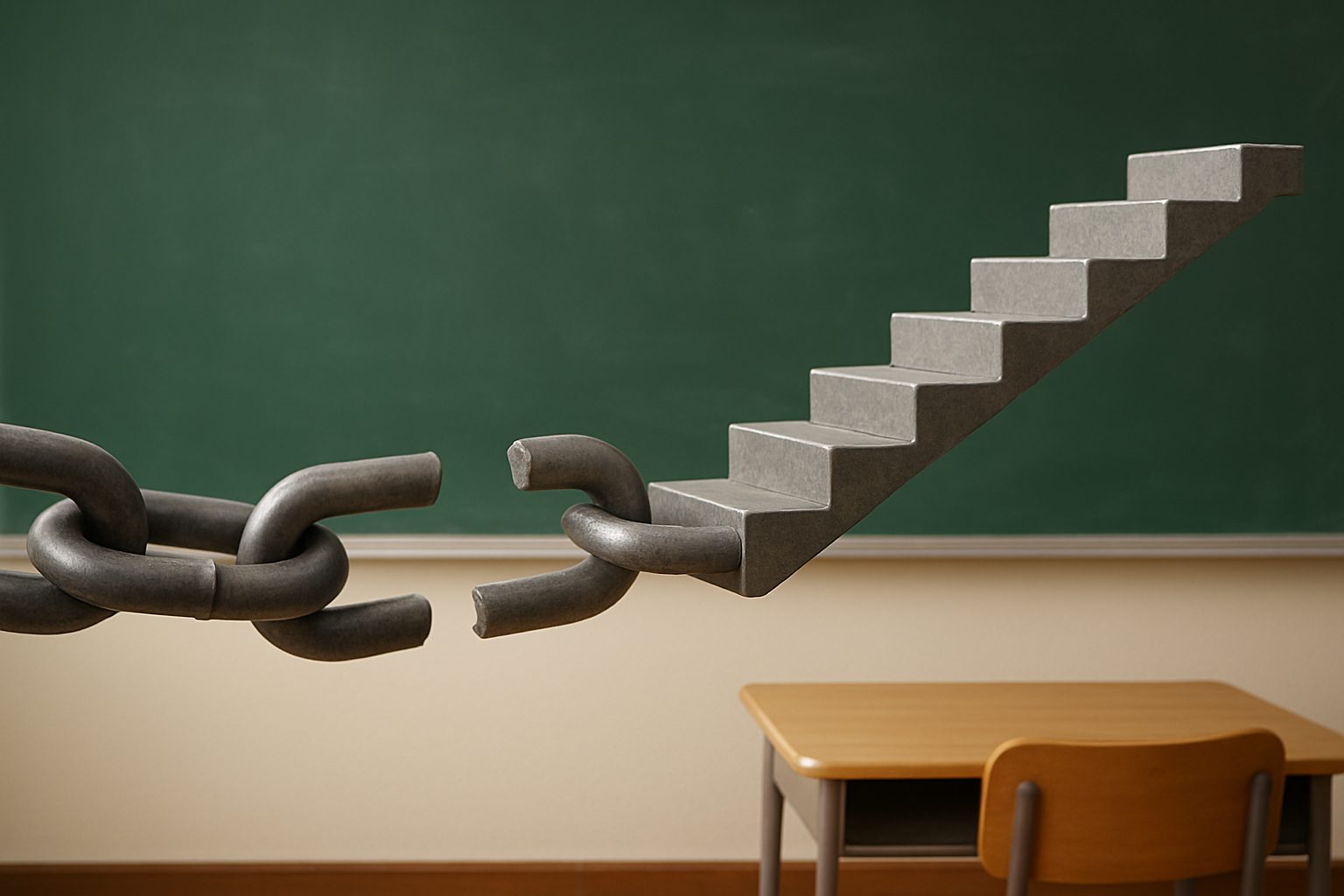 A broken chain connecting to a staircase symbolizing overcoming obstacles and growth in a classroom setting.