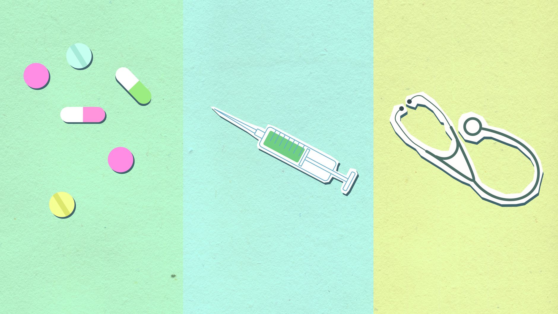 Top view of decorative cardboard appliques representing assorted medications near syringe with vaccine and stethoscope — Dr.