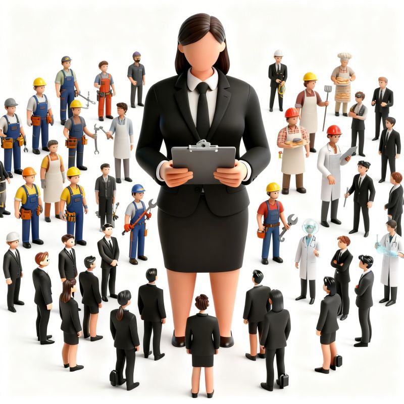 A stylized illustration of diverse professionals gathered around a central figure holding a clipboard, representing corp