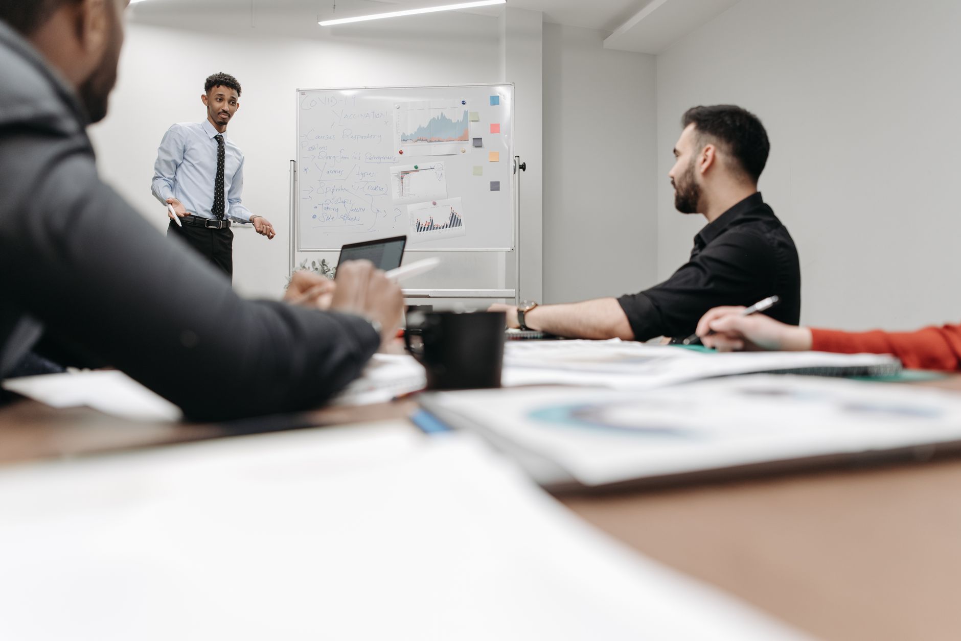 Corporate team during a presentation in an office setting, featuring discussions and planning. — Provide Clients with Seamles